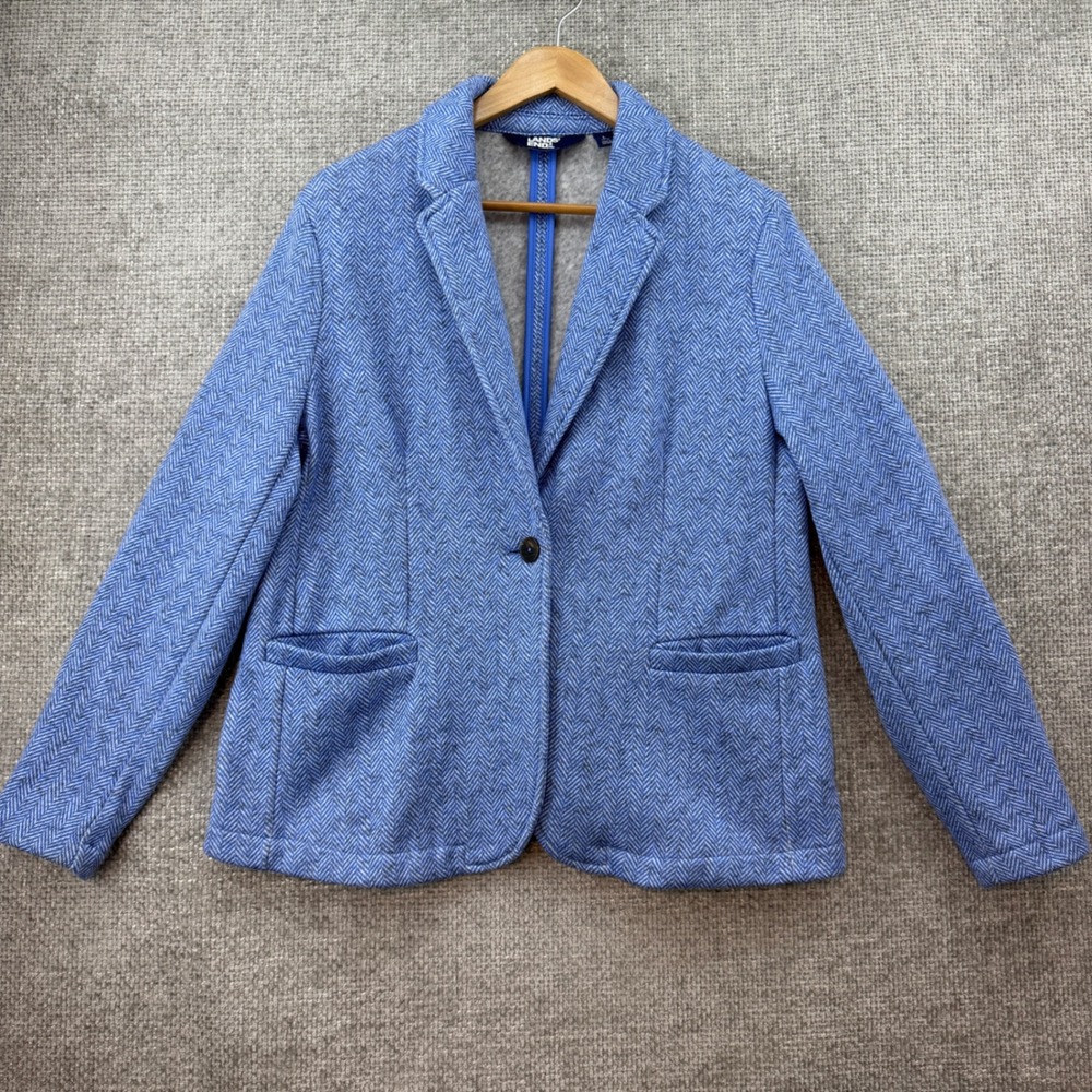 Lands End‎ Knit Blazer Womens L Blue  Herringbone Single Button 519123